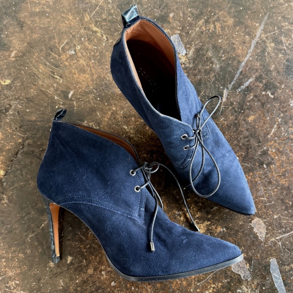 Donald J Pliner Ankle Boots Lace Up Suede Pointed Toe Stiletto Navy Blue 9 Spain